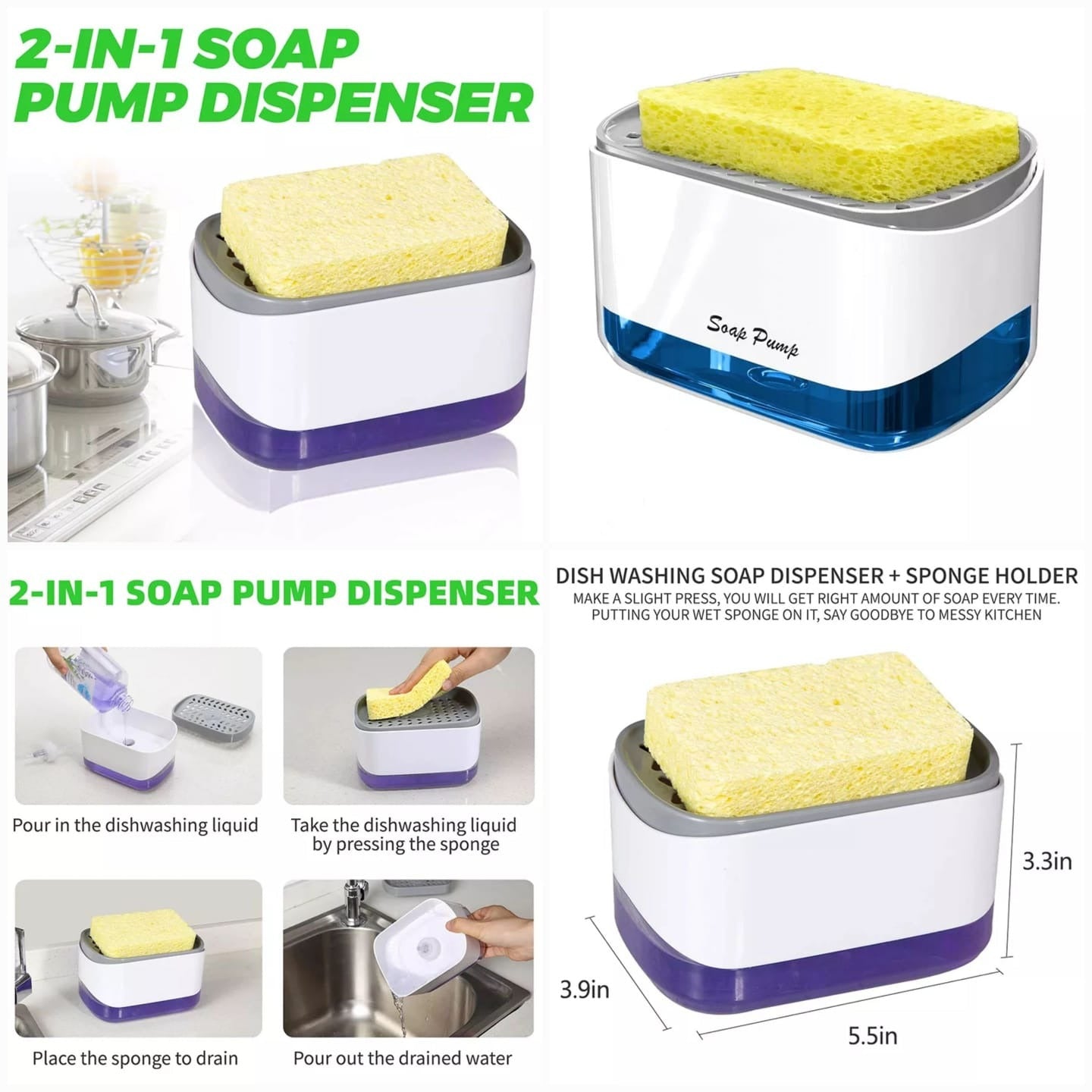 2-in-1 Soap Pump Dispenser with Sponge – Kitchen Dishwashing Liquid Dispenser & Holder
