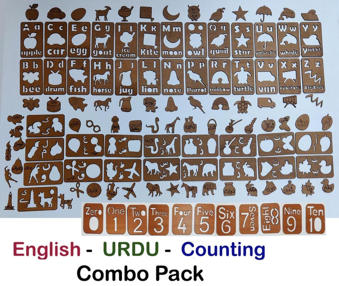 English Alphabets, Urdu Haroof e tahaji, Counting set